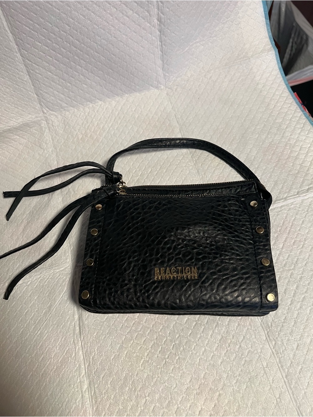 Kenneth Cole Reaction Black Textured Leather Mini Wristlet with Stud Accents